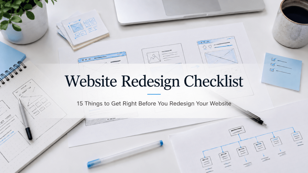 Website redesign planning workspace with wireframes, sitemap sketches, and a checklist